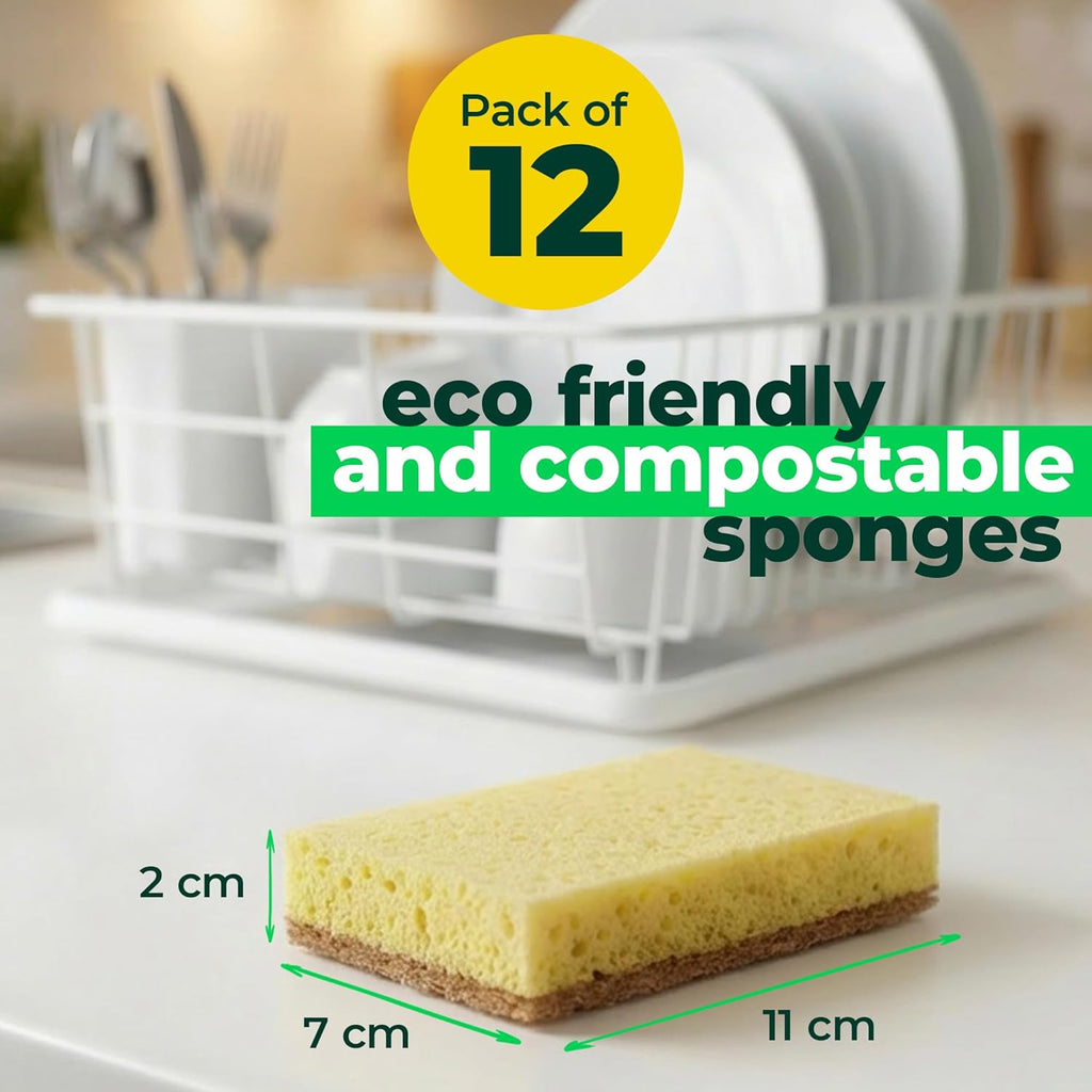 12 Pack Natural Biodegradable Kitchen Sponges - Eco-Friendly, Compostable, Cellulose Dish - Compostable - Biodegradable - Cellulose Sponge