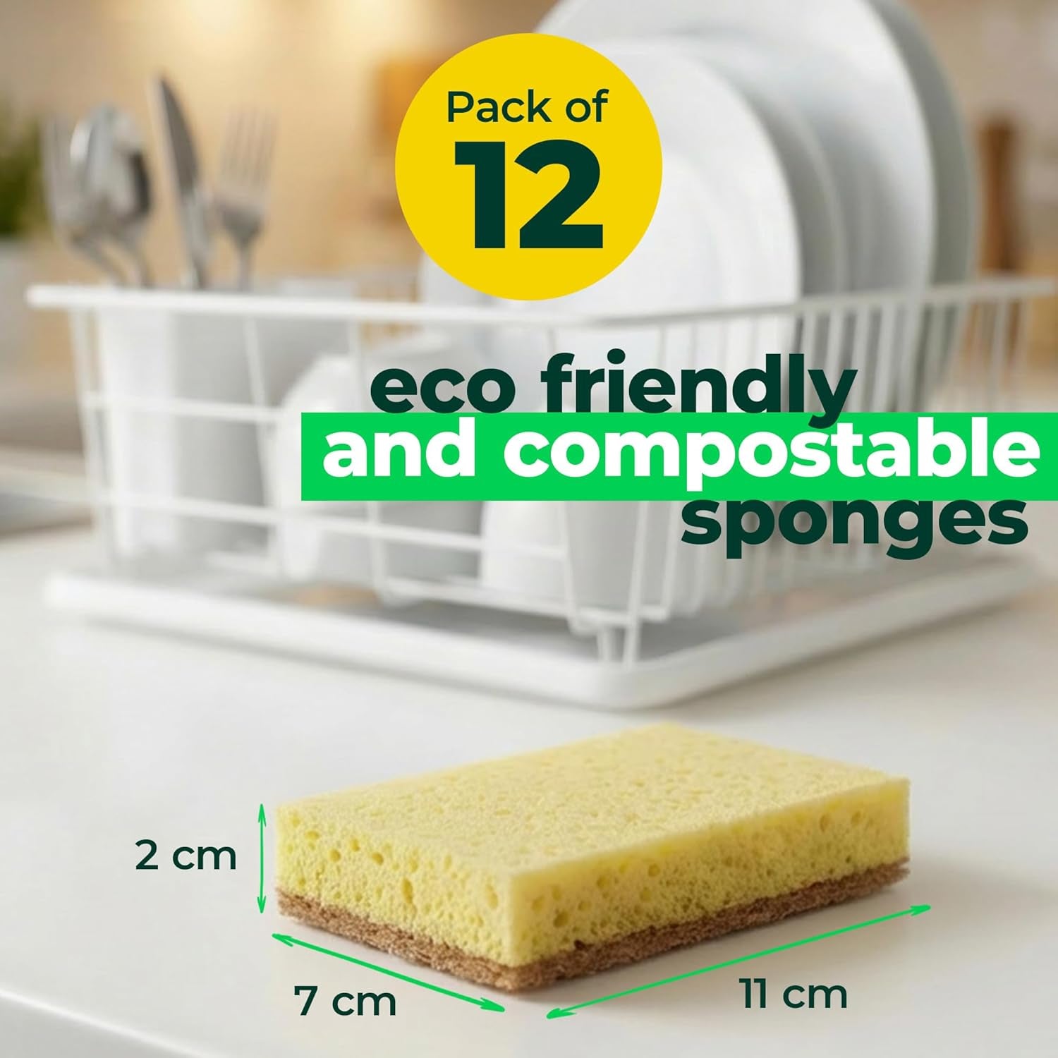 12 Pack Natural Biodegradable Kitchen Sponges - Eco-Friendly, Compostable, Cellulose Dish - Compostable - Biodegradable - Cellulose Sponge