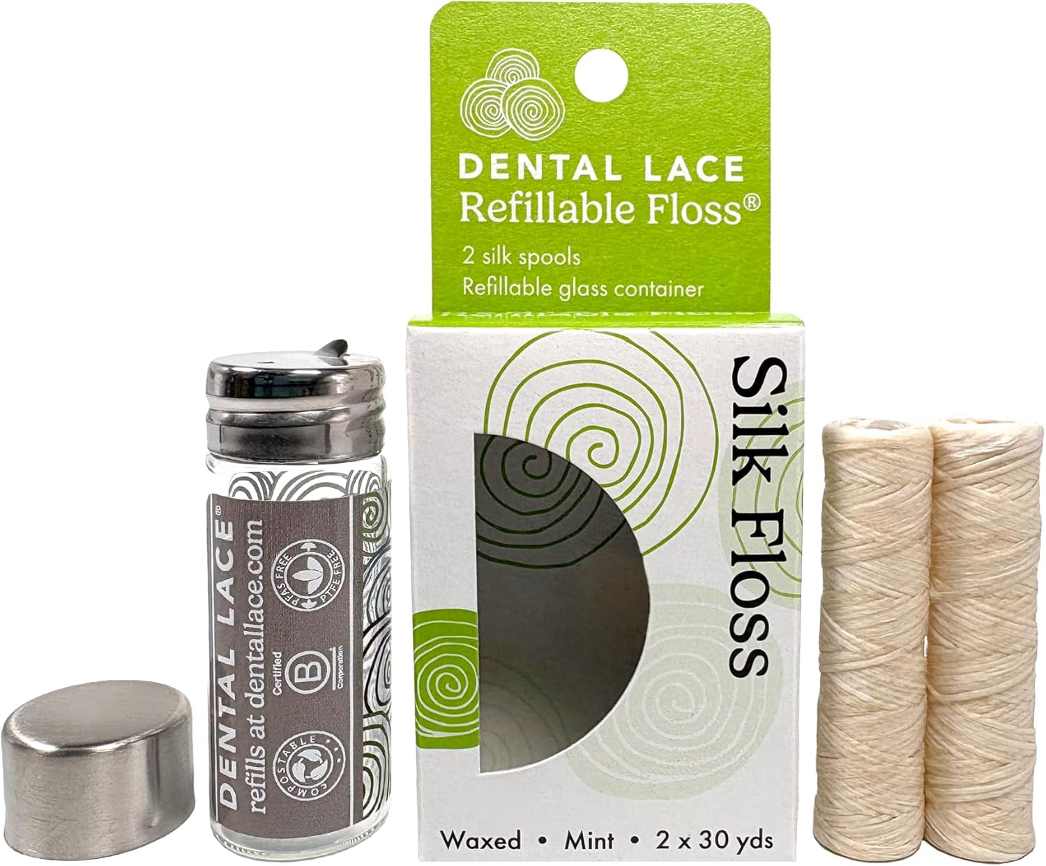 Refillable Silk Dental Floss - 100% Silk Floss with Mint Flavor, PFAS & PTFE Free - Includes 1 Refillable Glass Floss Container and 2 Spools (Total 60 Yards) - Recyclable Packaging
