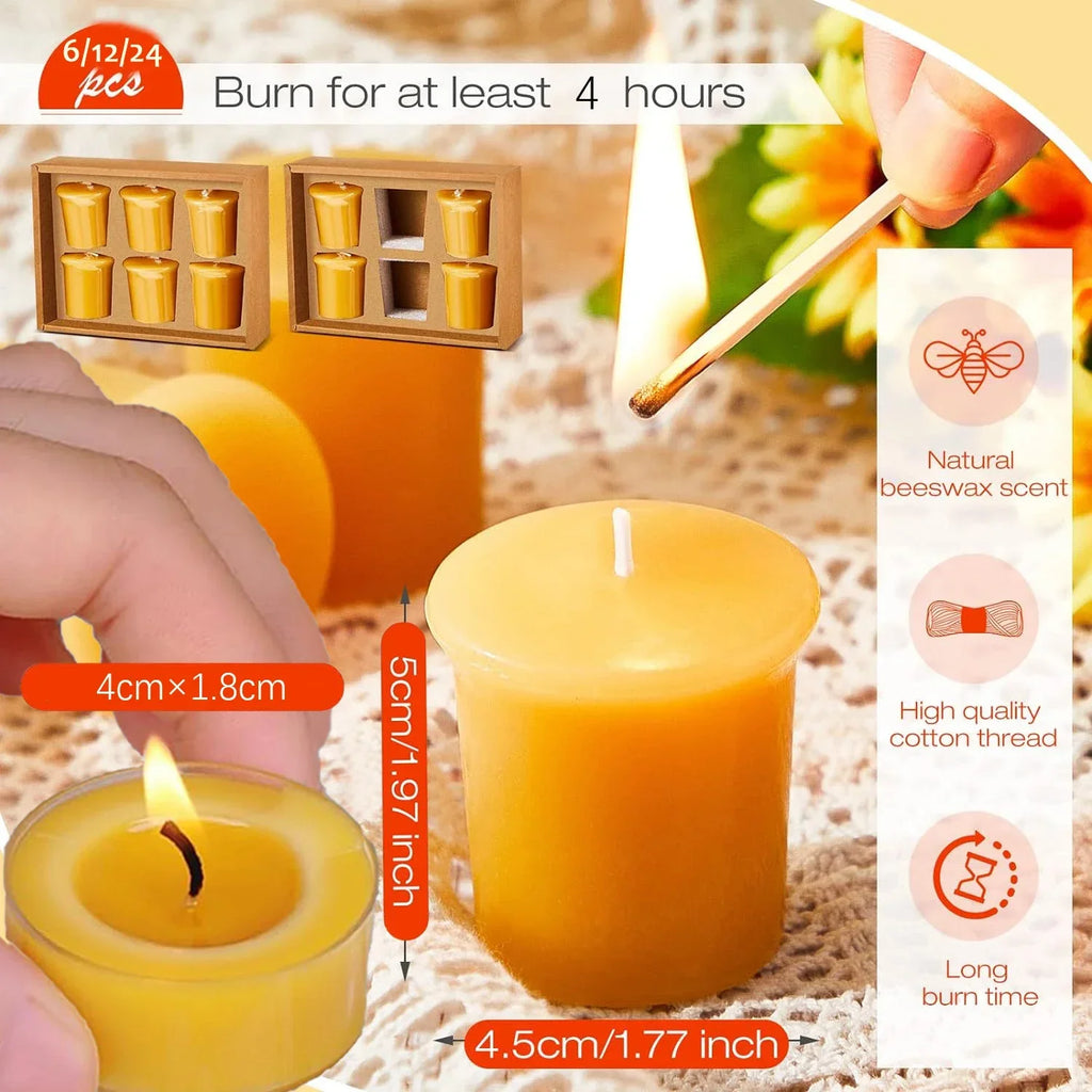 12-48Pcs Natural Beeswax Tea Candles Smokeless Eco-Friendly Candles Xmas Tealight Votive Candle for Home Atmosphere Spa Decor