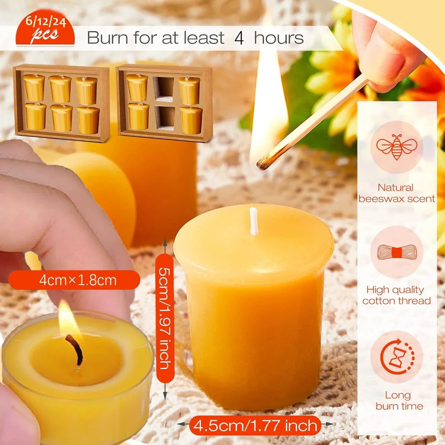 12-48Pcs Natural Beeswax Tea Candles Smokeless Eco-Friendly Candles Xmas Tealight Votive Candle for Home Atmosphere Spa Decor