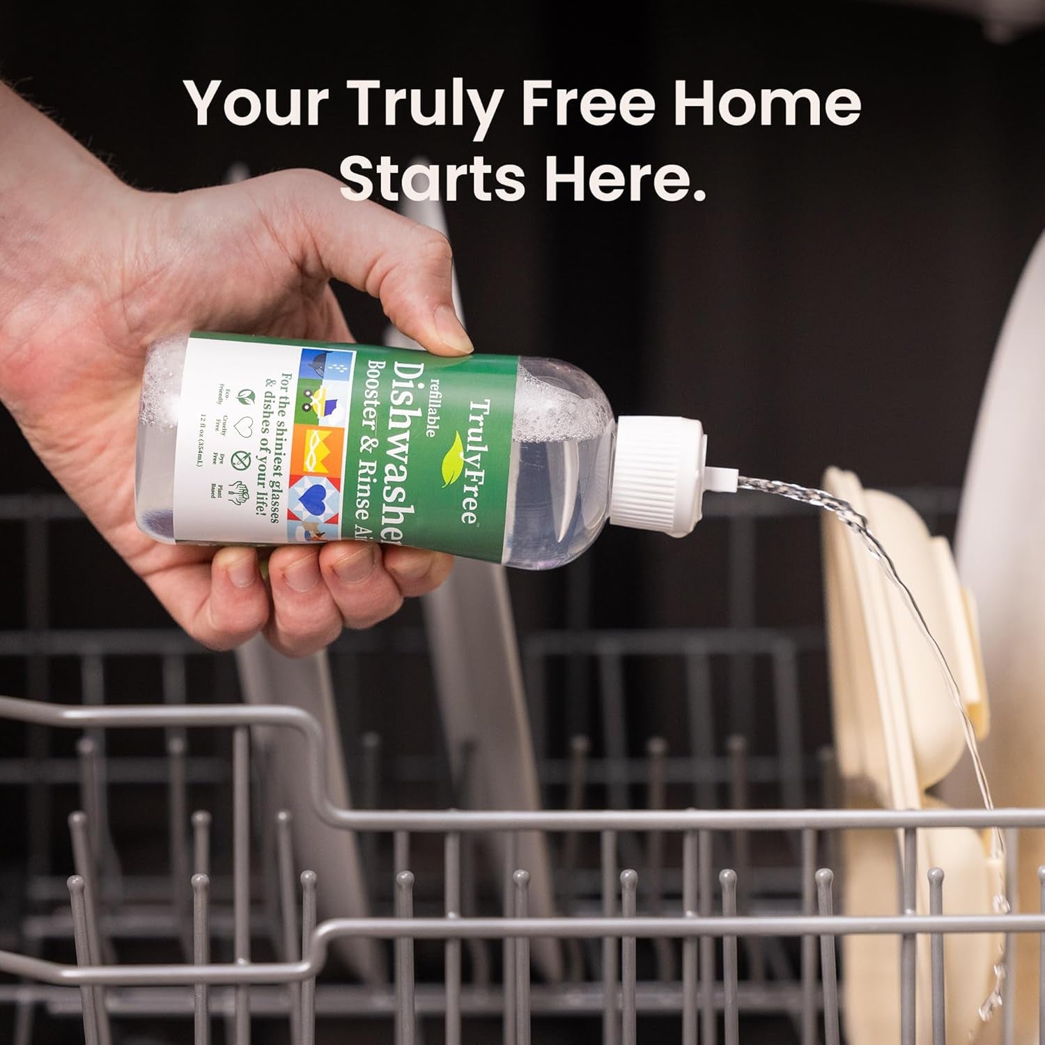 Natural Dishwasher Booster & Rinse Aid Kit - Non-Toxic Dishwashing Aid Formula, Removes Residue & Tough Dish Stains, Water Spot Remover - 12 Oz Reusable Empty Bottle + One Fill, 3 Oz
