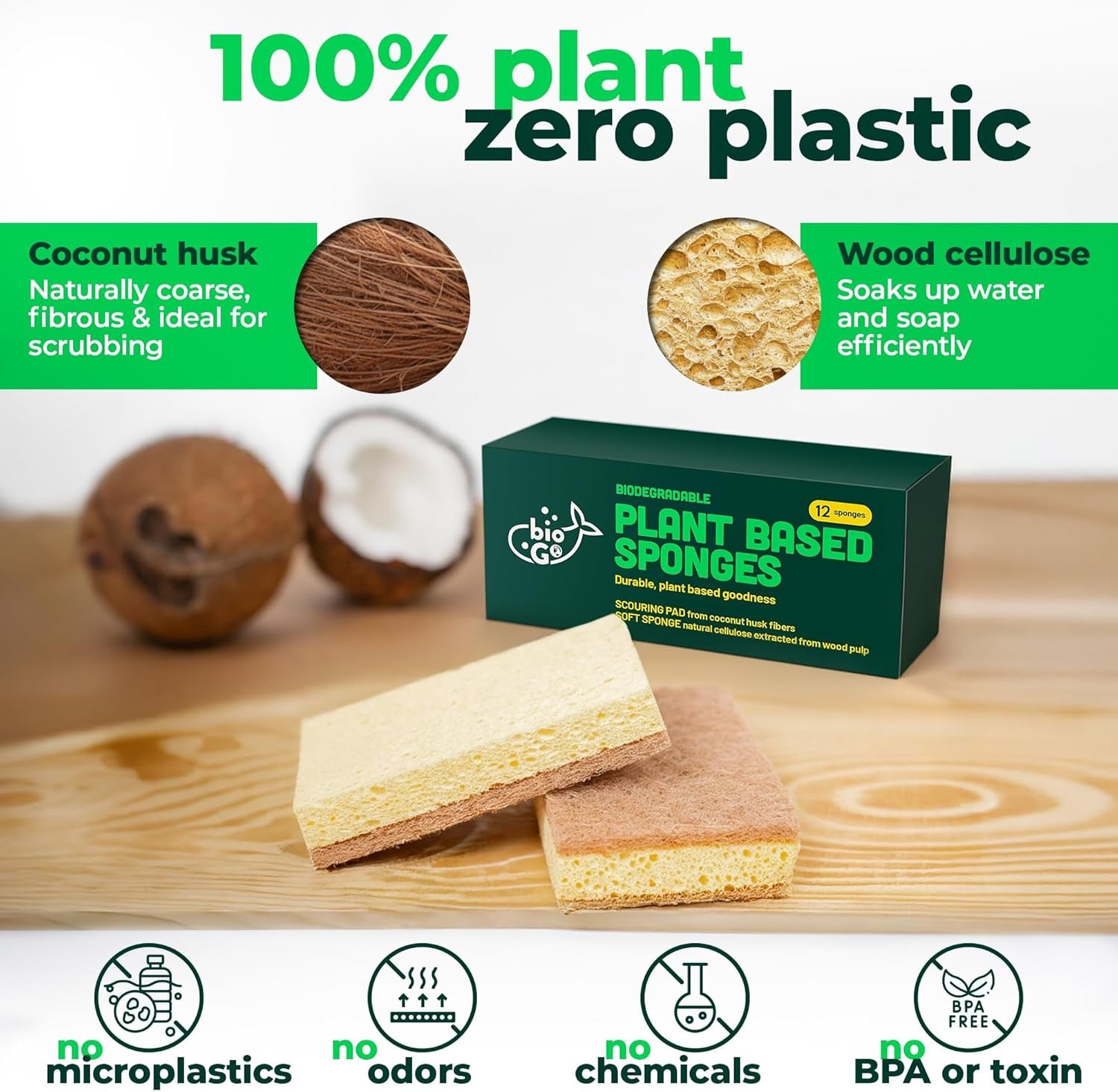 12 Pack Natural Biodegradable Kitchen Sponges - Eco-Friendly, Compostable, Cellulose Dish - Compostable - Biodegradable - Cellulose Sponge