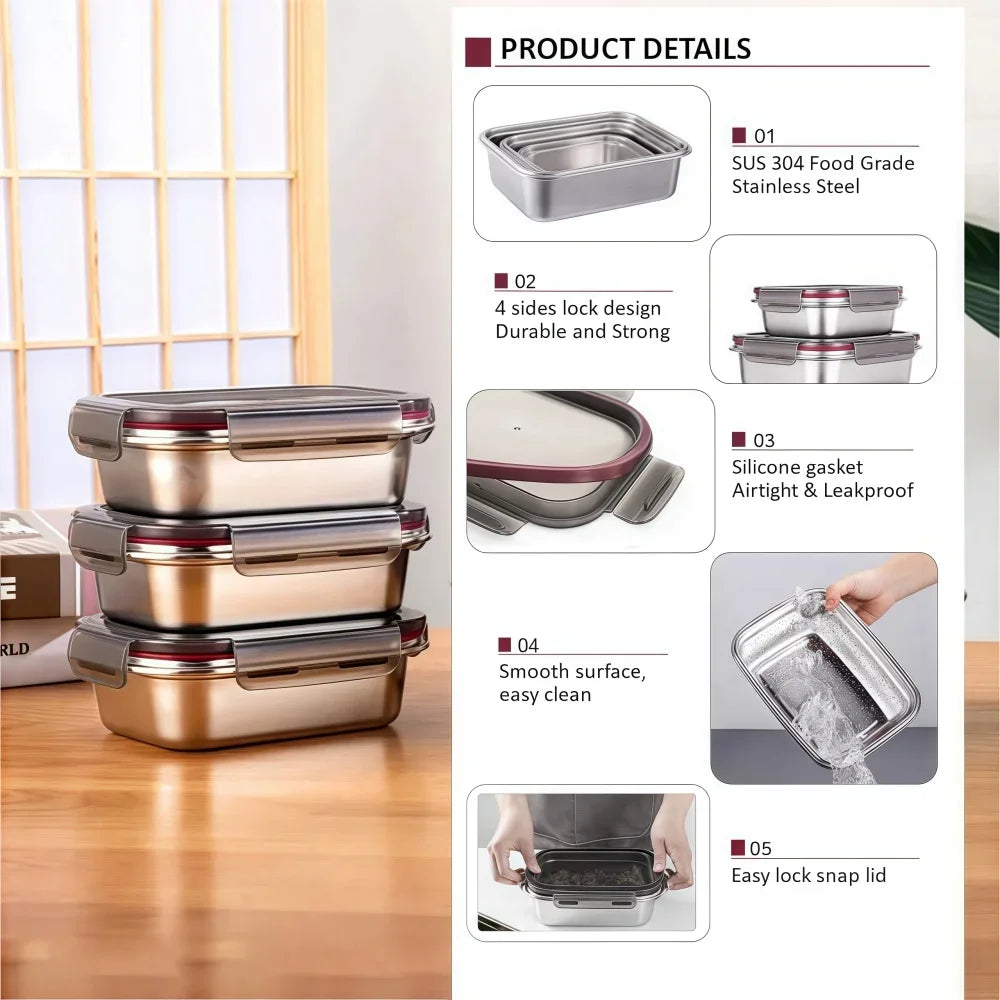 Food Storage Containers Meal Prep Box - 304 Stainless Steel Airtight Leak-Proof Bento Lunch Box, Kitchen Organizer Accessories