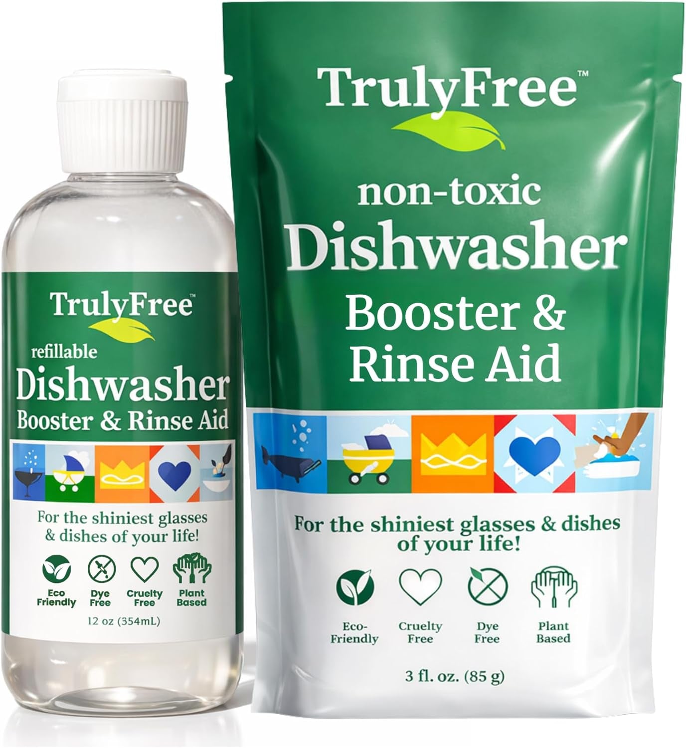 Natural Dishwasher Booster & Rinse Aid Kit - Non-Toxic Dishwashing Aid Formula, Removes Residue & Tough Dish Stains, Water Spot Remover - 12 Oz Reusable Empty Bottle + One Fill, 3 Oz
