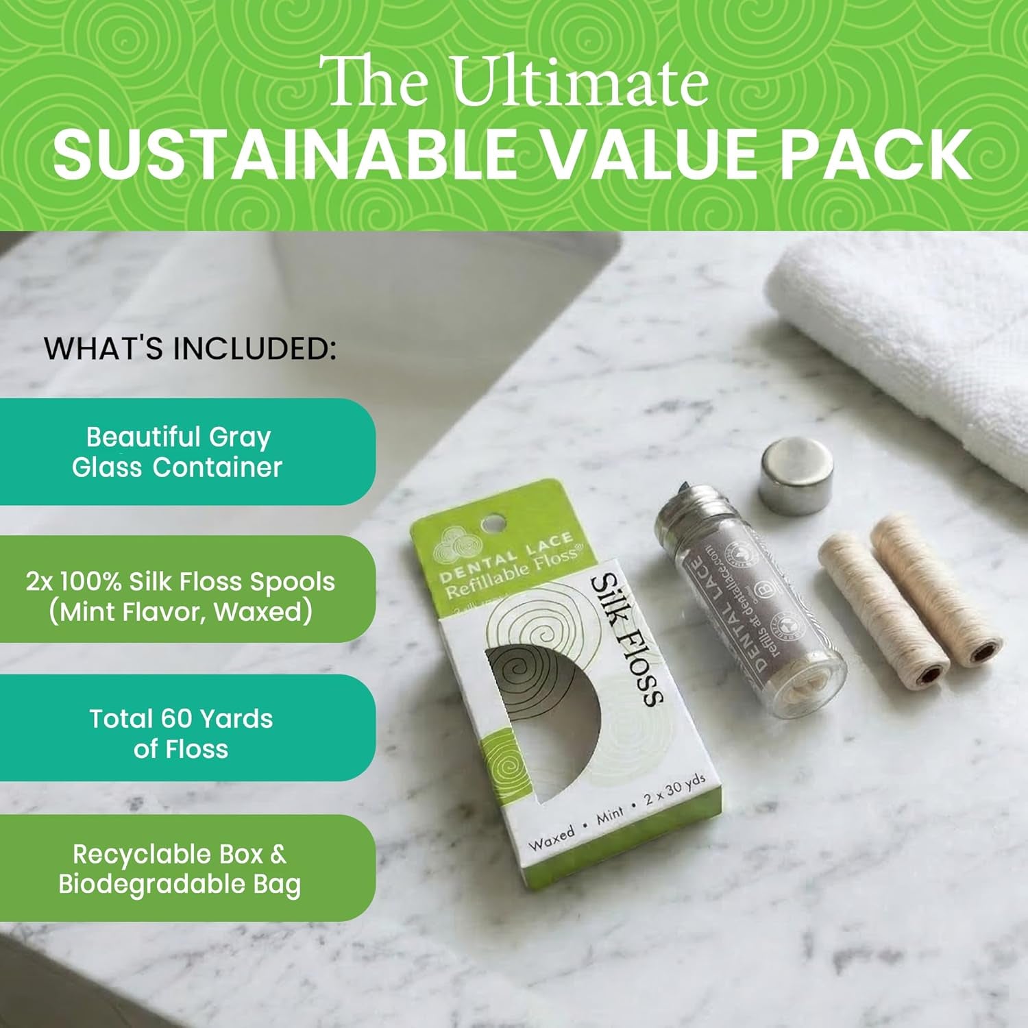 Refillable Silk Dental Floss - 100% Silk Floss with Mint Flavor, PFAS & PTFE Free - Includes 1 Refillable Glass Floss Container and 2 Spools (Total 60 Yards) - Recyclable Packaging
