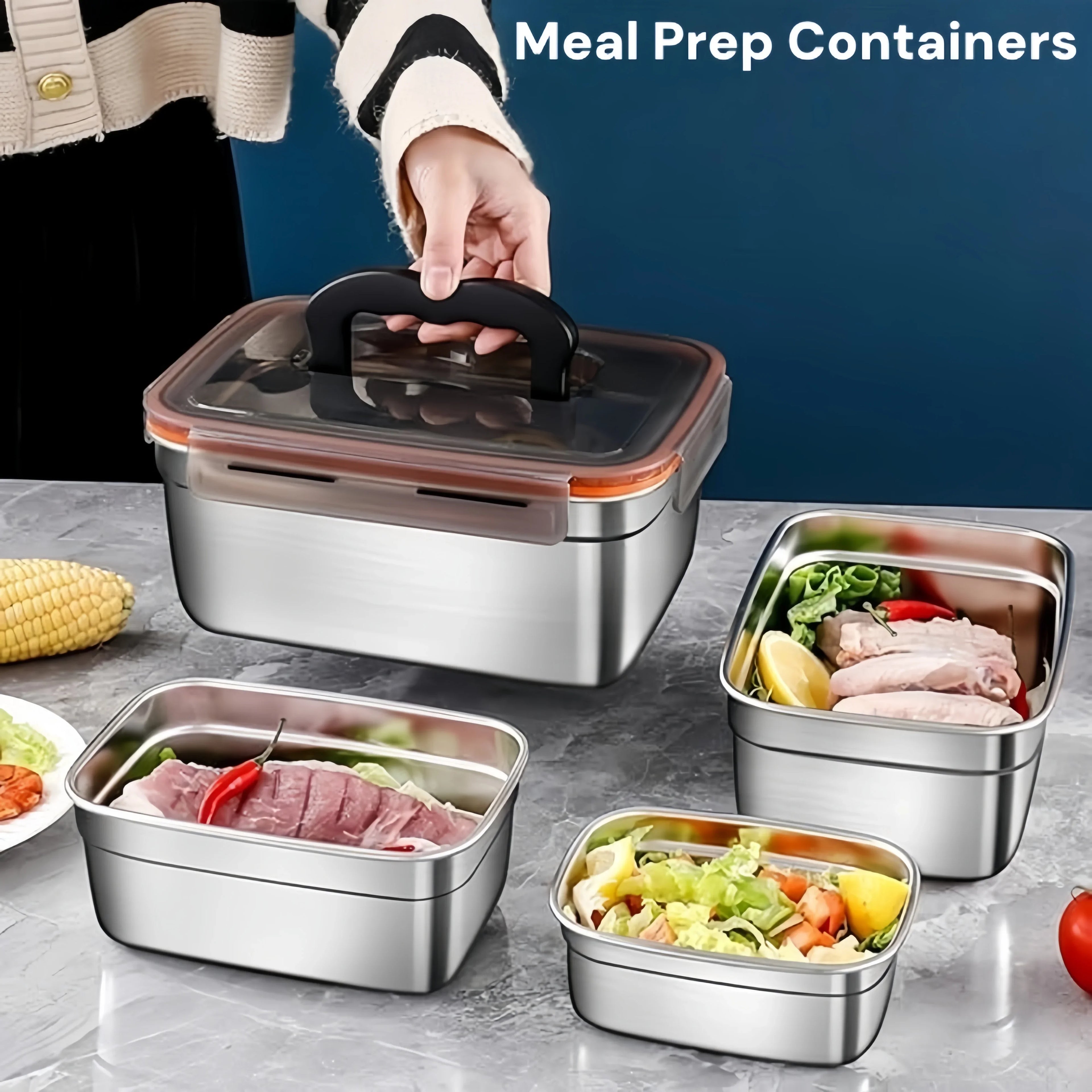 Food Storage Containers Meal Prep Box - 304 Stainless Steel Airtight Leak-Proof Bento Lunch Box, Kitchen Organizer Accessories