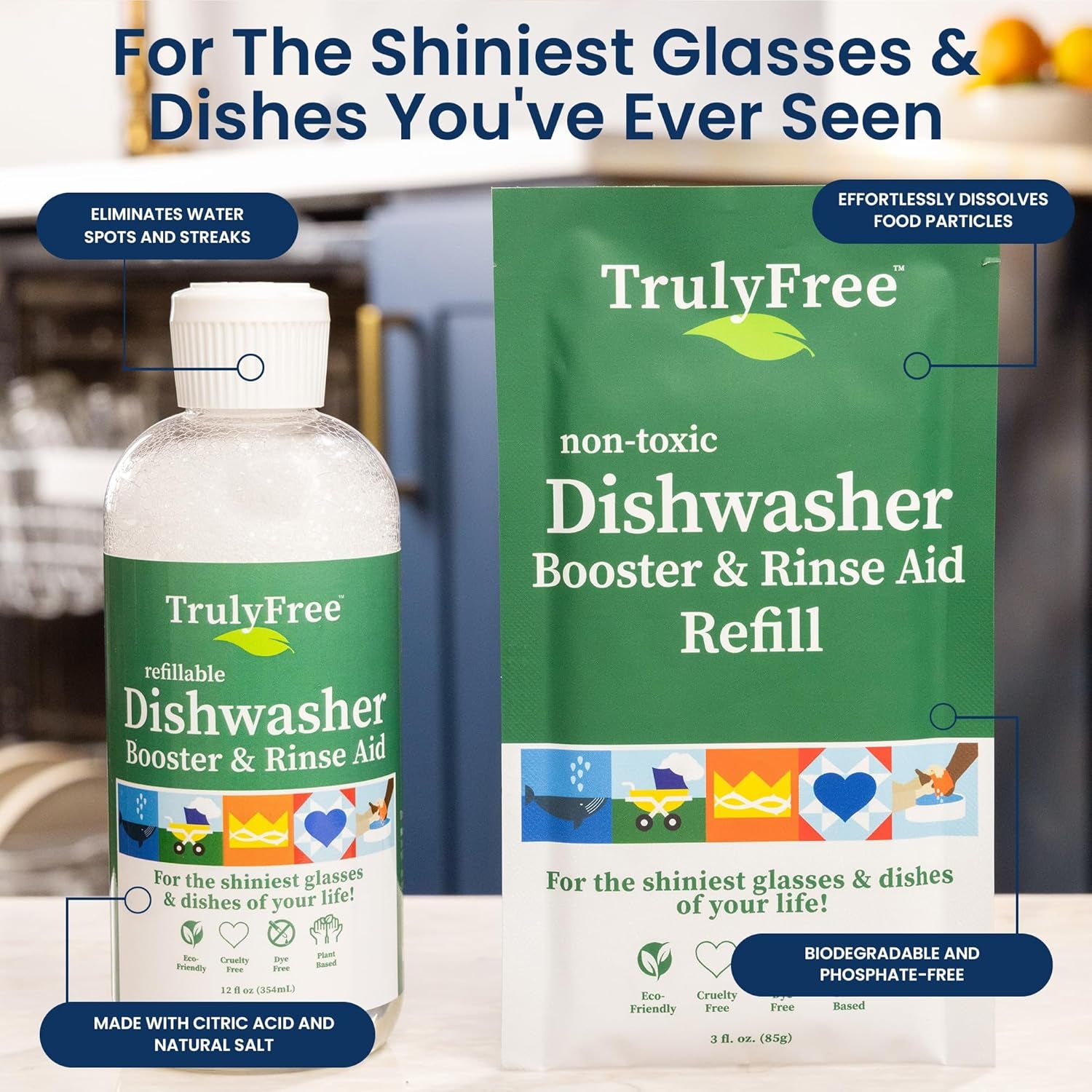 Natural Dishwasher Booster & Rinse Aid Kit - Non-Toxic Dishwashing Aid Formula, Removes Residue & Tough Dish Stains, Water Spot Remover - 12 Oz Reusable Empty Bottle + One Fill, 3 Oz
