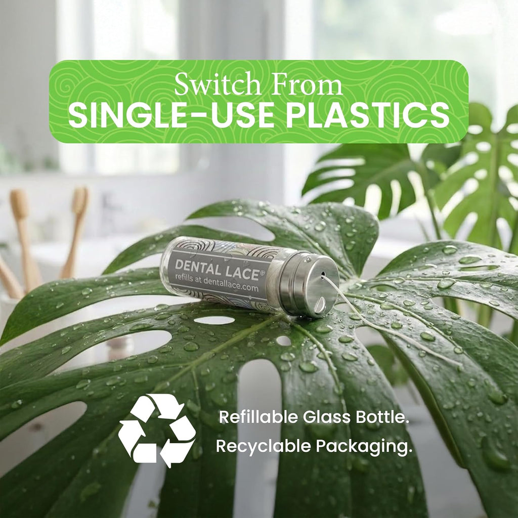 Refillable Silk Dental Floss - 100% Silk Floss with Mint Flavor, PFAS & PTFE Free - Includes 1 Refillable Glass Floss Container and 2 Spools (Total 60 Yards) - Recyclable Packaging