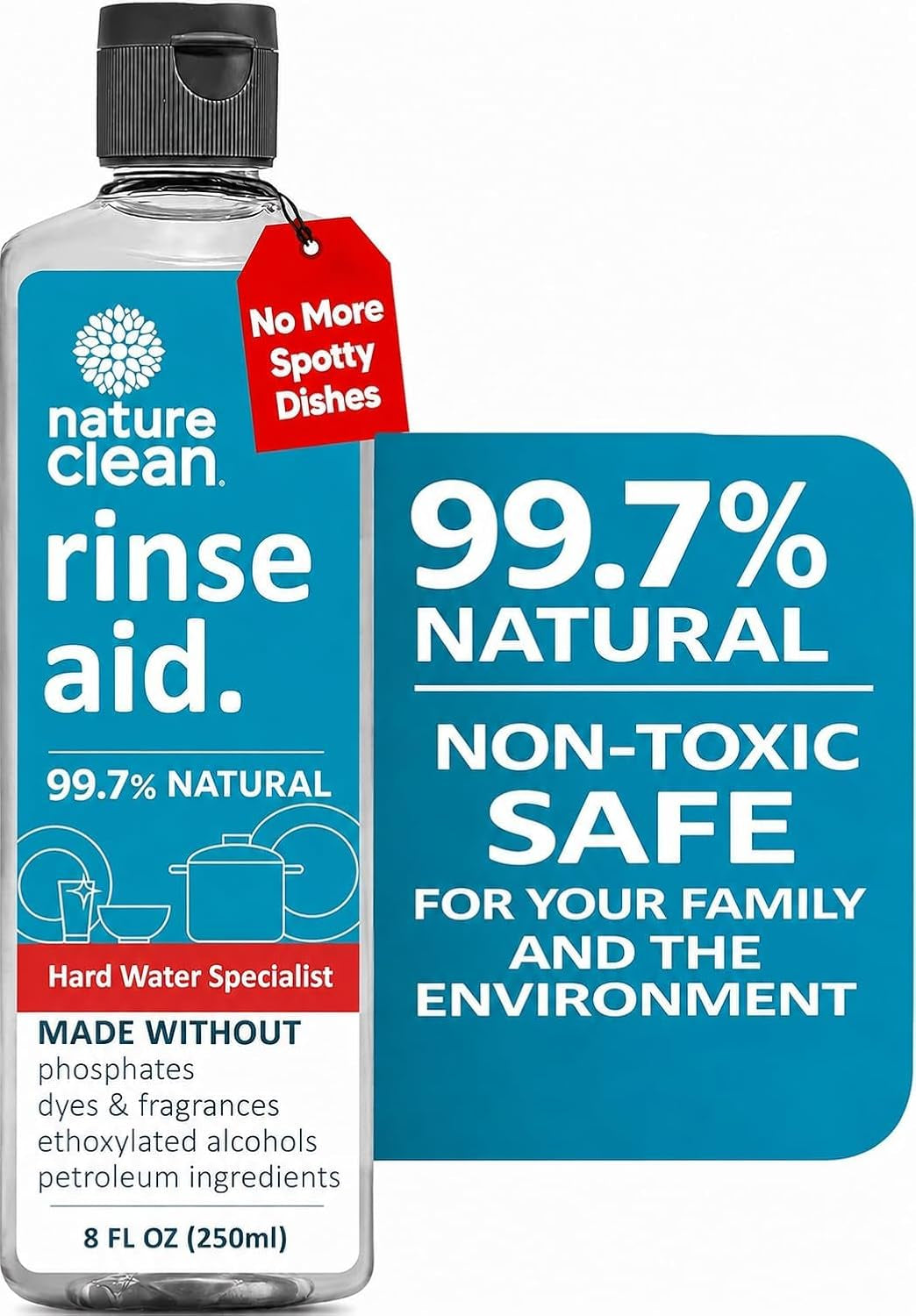 All Natural Dishwasher Rinse Aid Cleaner, Liquid Dishwasher Rinse Agent Spot-Free Glass & Cutlery in Hard Water, Non-Toxic Dish Washer Drying Agent & Stain Remover, 8 Oz/250Ml, Pack of 1