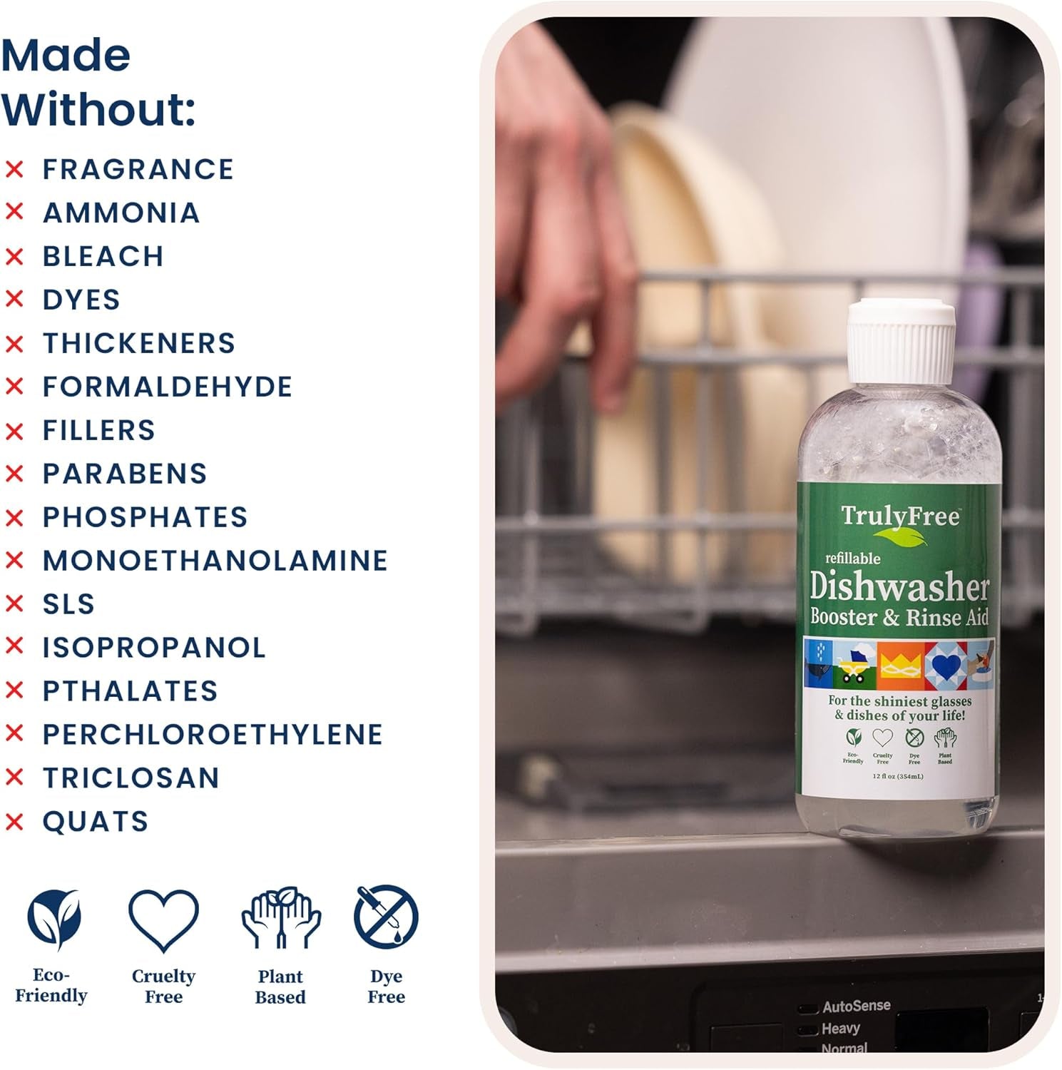 Natural Dishwasher Booster & Rinse Aid Kit - Non-Toxic Dishwashing Aid Formula, Removes Residue & Tough Dish Stains, Water Spot Remover - 12 Oz Reusable Empty Bottle + One Fill, 3 Oz