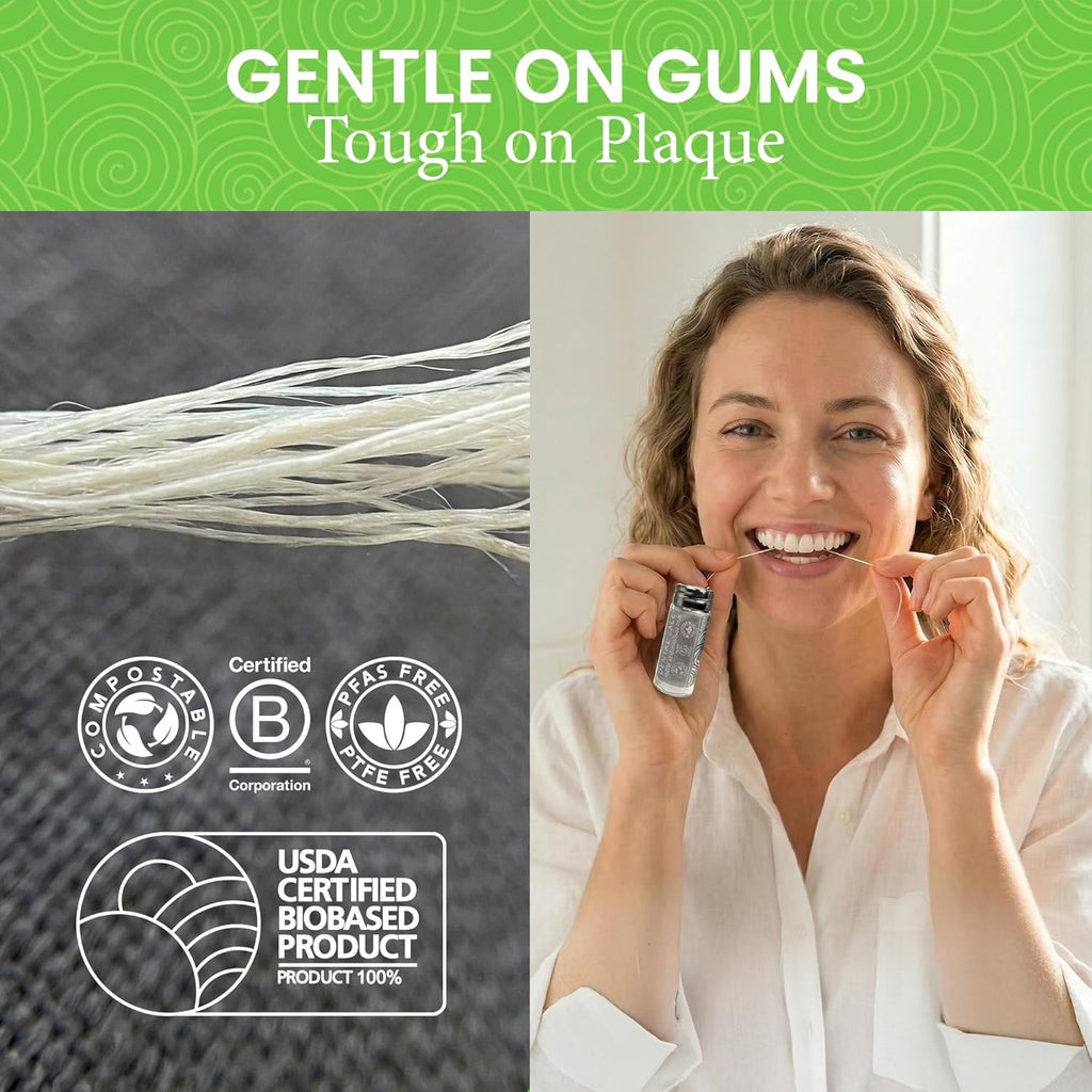 Refillable Silk Dental Floss - 100% Silk Floss with Mint Flavor, PFAS & PTFE Free - Includes 1 Refillable Glass Floss Container and 2 Spools (Total 60 Yards) - Recyclable Packaging
