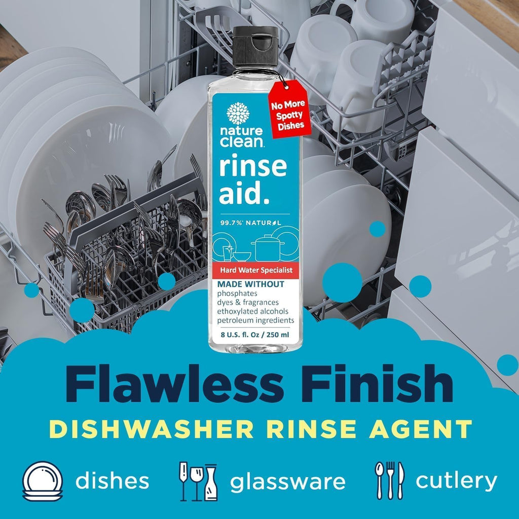 All Natural Dishwasher Rinse Aid Cleaner, Liquid Dishwasher Rinse Agent Spot-Free Glass & Cutlery in Hard Water, Non-Toxic Dish Washer Drying Agent & Stain Remover, 8 Oz/250Ml, Pack of 1