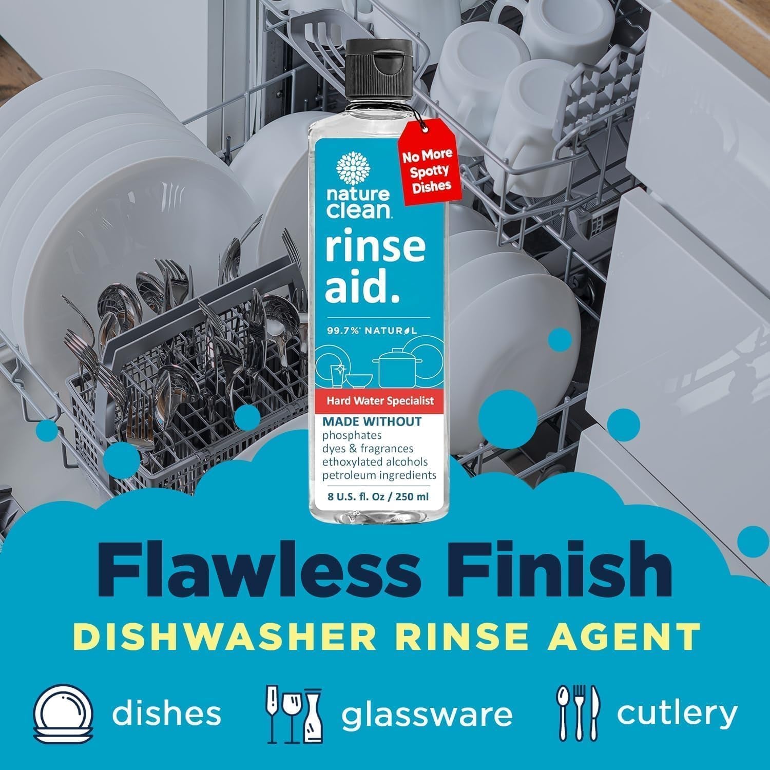 All Natural Dishwasher Rinse Aid Cleaner, Liquid Dishwasher Rinse Agent Spot-Free Glass & Cutlery in Hard Water, Non-Toxic Dish Washer Drying Agent & Stain Remover, 8 Oz/250Ml, Pack of 1